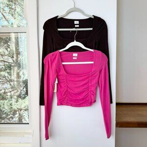 NWT Aritzia Wilfred Lydia Top Ruched Square Neck Long Sleeve Pink Brown Bundle